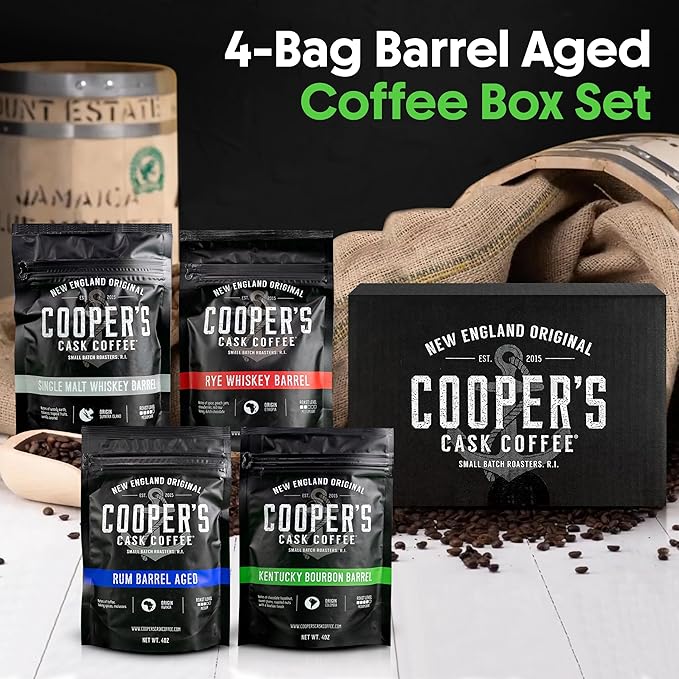 Bourbon & Whiskey Barrel Aged Coffee Box Set with Four Whole Bean Single Origin Coffees (Colombia, Sumatra, Ethiopia, Rwanda) Premium Small-Batch Gourmet Roasted Coffee Gift (Pack or 4)