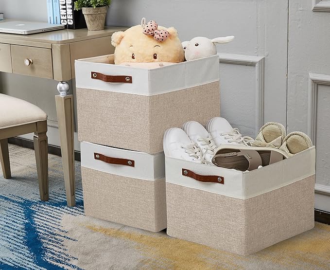 DECOMOMO Kallax Storage Cubes - 13x15x13 Storage Bins, Baskets for Organizing Shelves (Beige and White, 3-Pack)
