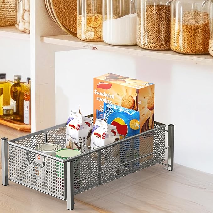 Deco Brothers Pull Out Cabinet Sliding Basket with Dividers Open Top, Medium, Silver
