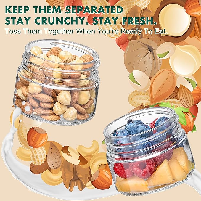 Danmu 4 Pack Overnight Oats Containers with Lids 16 oz,Dual-Layer Yogurt Parfait Cups with Lids,Meal Prep Containers Glass for Snack,Overnight Oats,Yogurt,Parfait,Salad Dishwasher Safe