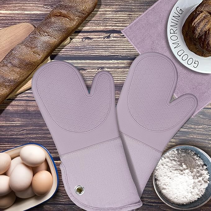 Professional Microwave Silicone Oven Mitts one Pair, Kitchen Mitten Set for Heat Resistant with 500 Degrees, Kitchen Gloves Pot Holder for BBQ Cooking Baking (Purple)