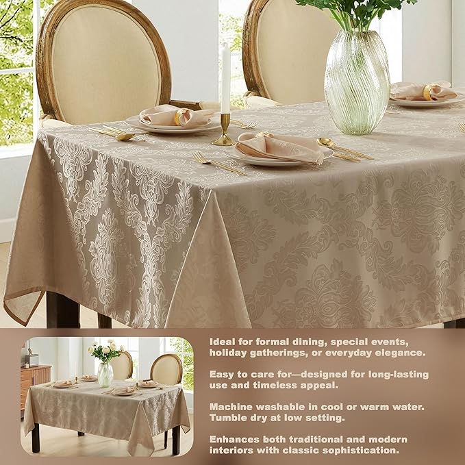 Newbridge Barcelona Luxury Damask Fabric Tablecloth, 70” x 70”, Square, Golden Beige, 100% Polyester, No Iron, Soil Resistant Dining Room, Party and Banquet Table Cover