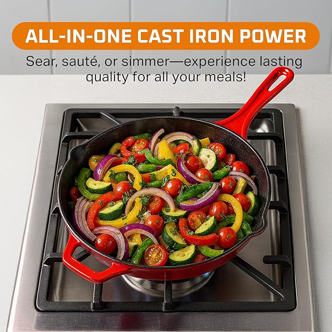 Bruntmor 12-Inch Enameled Cast Iron Skillet - Pre-Seasoned Frying Pan for Cooking, Grilling, and Baking - Smooth Nonstick Cast Iron Pan - Oven Safe and Durable Cookware for Versatile Use - Red