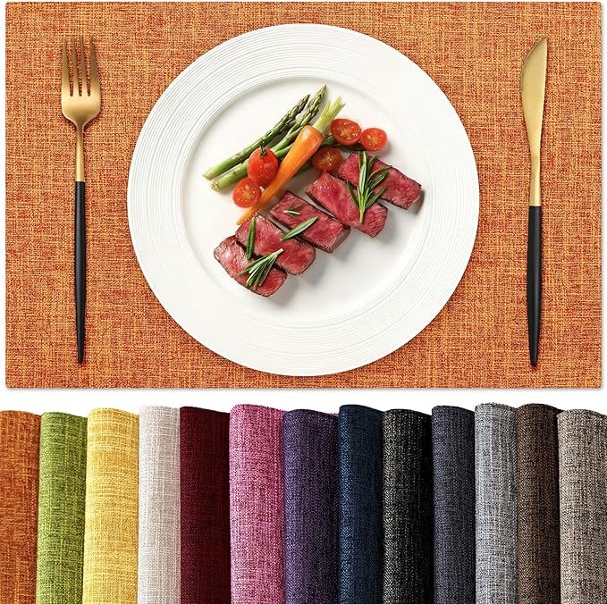 KXN Thanksgiving Placemats Set of 4, Dual-Layer Thickened Faux Linen Table Mats, Heat Resistant & Wrinkle-Free, Machine Washable Cloth Place Mats for Kitchen Dining Indoor Outdoor (Orange)