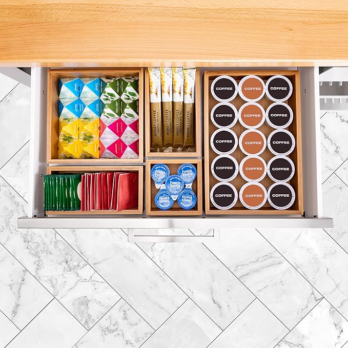 Seville Classics Bamboo Premium Organizer Storage Bins for Kitchen Silverware, Pantry, Closet, Office Desk, Pens, Utensils, Makeup, K Cup, Bamboo, Bin Set (5 Piece)