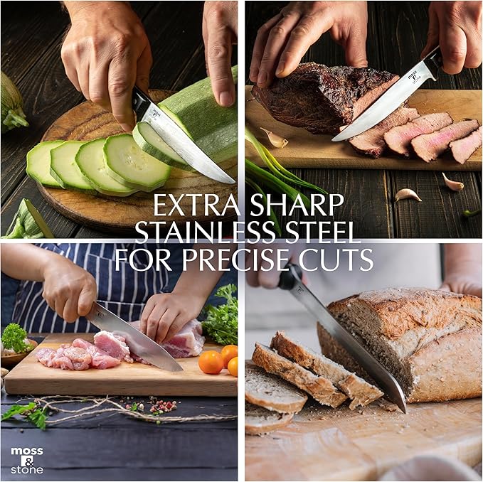 Moss & Stone 14 Pcs Knife Block Set Stainless Steel, Premium Forged Kitchen Knives Set with High-Carbon Blades, Ergonomic Handle, Sharp Blade, Rust Resistant, Modern Style for Home & Chef, Black