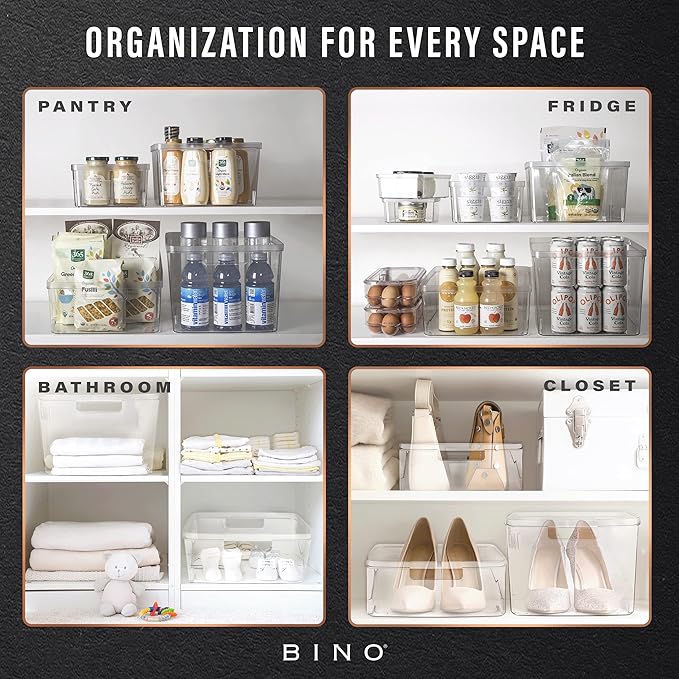 BINO | Plastic Storage Bins, Square - 3 Pack | THE LUCID COLLECTION | Multi-Use Bins | Built-In Handles | BPA-Free | Clear Containers | Fridge Organizer | Pantry & Home Organization