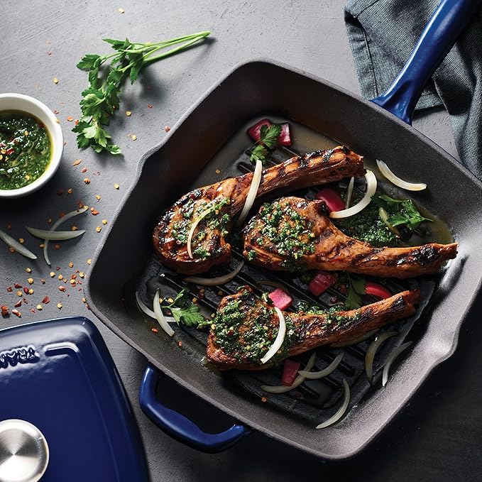Tramontina Bestow Enameled Cast Iron Grill Pan with Press, 11-inch, Blue