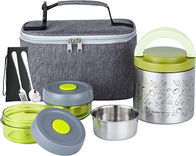 Lille Home Portable Insulated Lunch Box Set with Stainless Steel Cutlery, vacuum lunch box, to Keep Food Warm or Cool, Two Containers for Fruits and Sauces, Durable and Leak-Proof