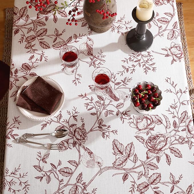 ISAENNE Designer Vintage Linen Square Tablecloth,Red Floral Pattern Linen Stain Resistant Table Cloth,Decor Tablecloths for Dining Thanksgiving Kitchen Christmas Party,67"*67"-Harmony