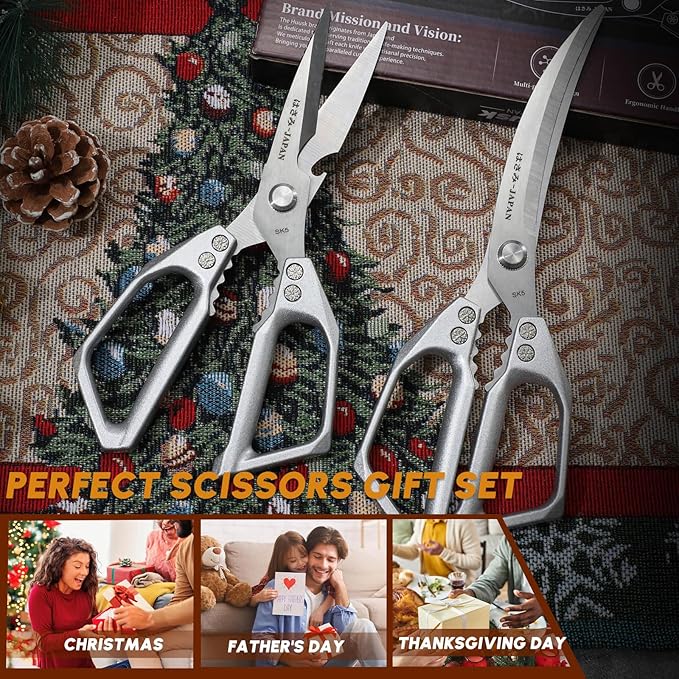 HUUSK Kitchen Scissors Set Silver - Stainless Steel Kitchen Shear, Sharp Meat Scissors Dishwasher Safe, Heavy Duty Poultry Shears, Japanese Cooking Scissor for Food, Christmas Gifts for Men Women