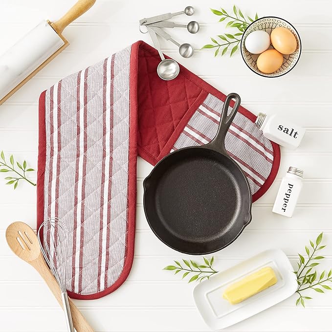 DII Double Strip Chef Kitchen Cooking & Baking Collection, Double Oven Mitt, 35x7.5, Barn Red