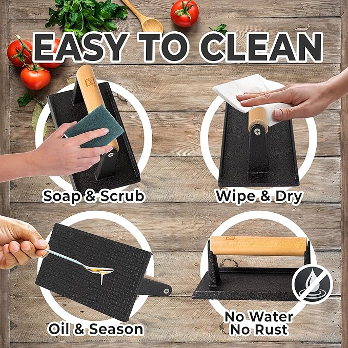 Cast Iron Grill Press (Set of 2) - 8 x 4 Inch, 2.6 lb Griddle Press with Cool-Touch Wood Handle - Pre-seasoned for Steak, Burgers, Sandwiches, and Paninis – Non-Stick Grill Weight