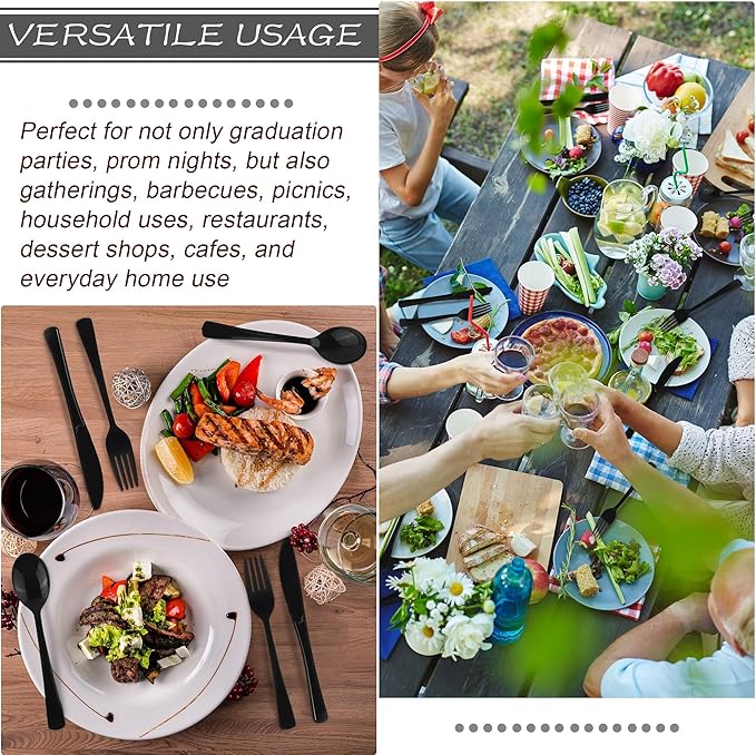 300 Pieces Black Plastic Silverware Heavy Duty Plastic Cutlery Set Heavyweight Disposable Flatware Includes Spoons Forks Knifes for Birthday Party Prom Night Wedding Dinner