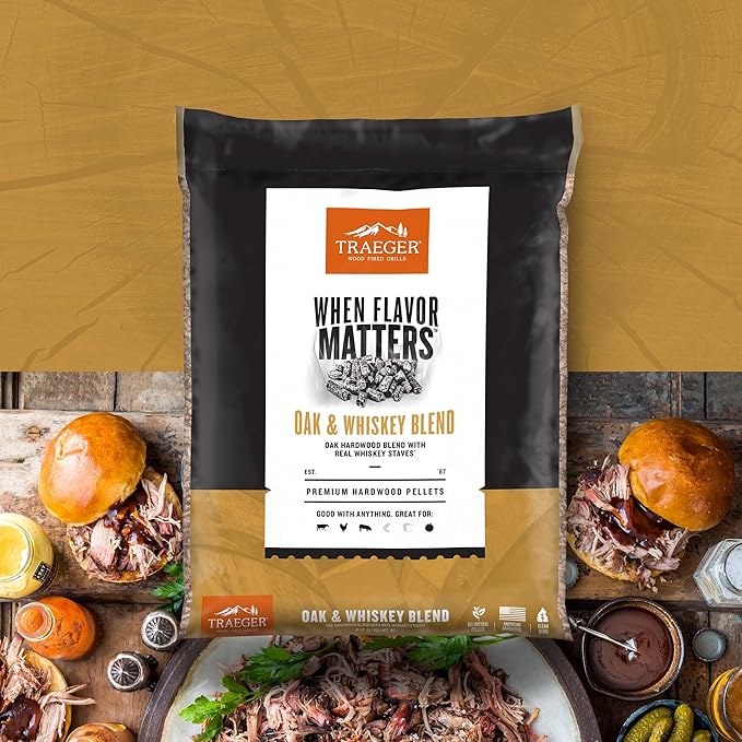Traeger Grills Oak & Whiskey Blend 100% All-Natural Wood Pellets for Smokers and Pellet Grills, BBQ, Bake, Roast, and Grill, 18 lb. Bag (Pack of 2)