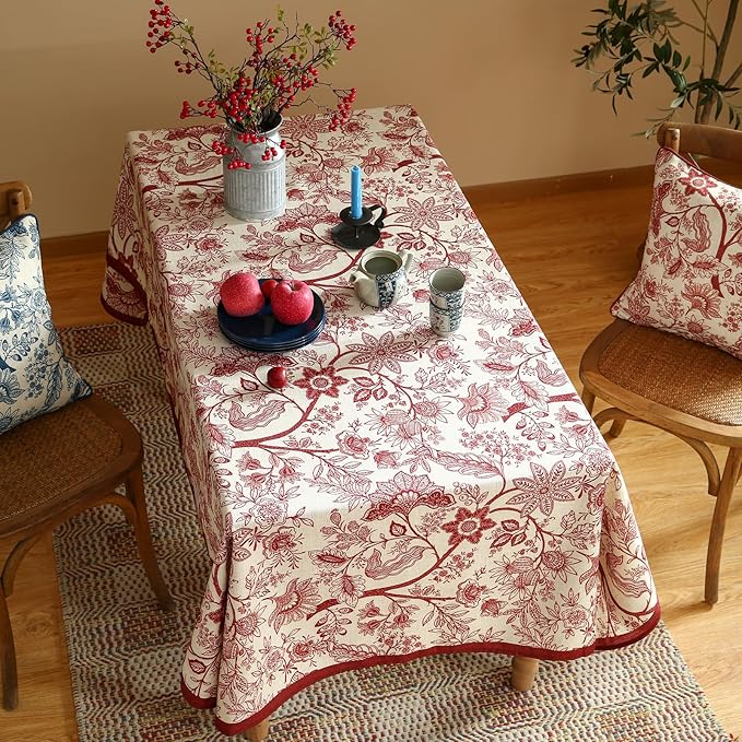ISAENNE Designer French Linen Tablecloth Rectangular,Red Floral Washable Indoor Table Cloth,Durable Home Decor Tablecloths for Dining Thanksgiving Kitchen Party Christmas,55"*87"-Ruyi A