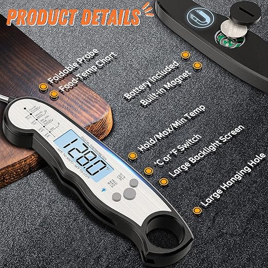 Digital Meat Thermometer, Waterproof Instant Read Food Thermometer for Cooking and Grilling. Kitchen Gadgets, Accessories with Backlight & Calibration for Candy, BBQ Grill, Liquids, Beef, Turkey