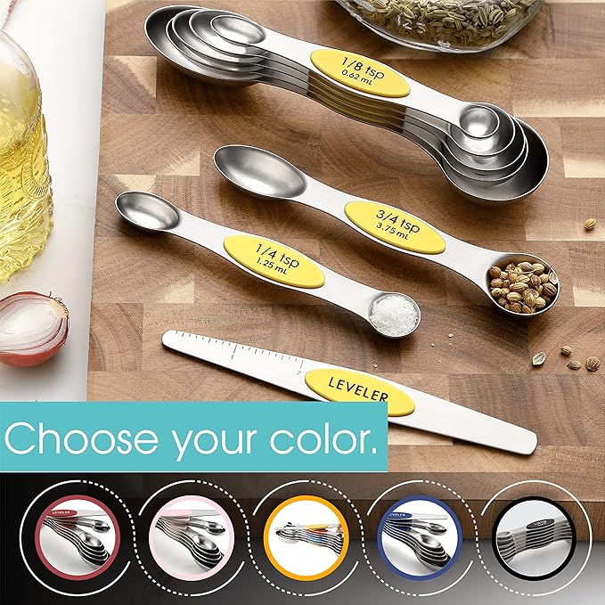 Spring Chef Magnetic Measuring Spoons Set, Dual Sided, Stainless Steel, Fits in Spice Jars, Yellow, Set of 8, 2 Pack