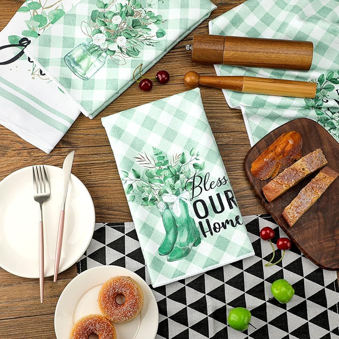 Set of 6 Eucalyptus Kitchen Towels Green Leaves Dishtowels Absorbent Spring Summer Hand Tea Towels 24 x 16 Inch Eucalyptus Lover Gifts Holiday Wedding Gifts for Farmhouse Kitchen Bathroom Decor