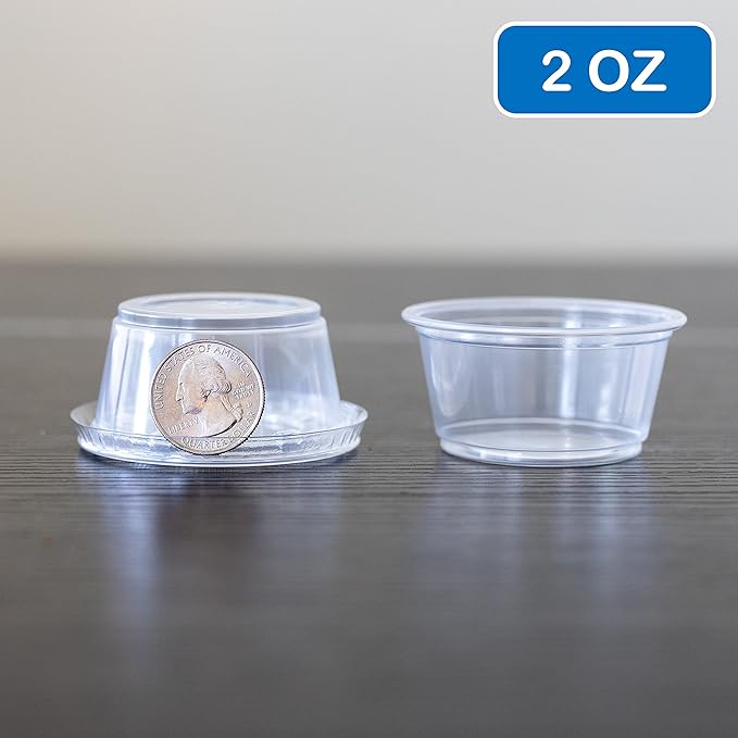 EDI - Clear Disposable Plastic Portion Cups with Leakproof Lids - Jello Shot, Condiment and Dipping Sauce, Souffle - BPA Free, Recyclable (2 OZ, 50 Sets)