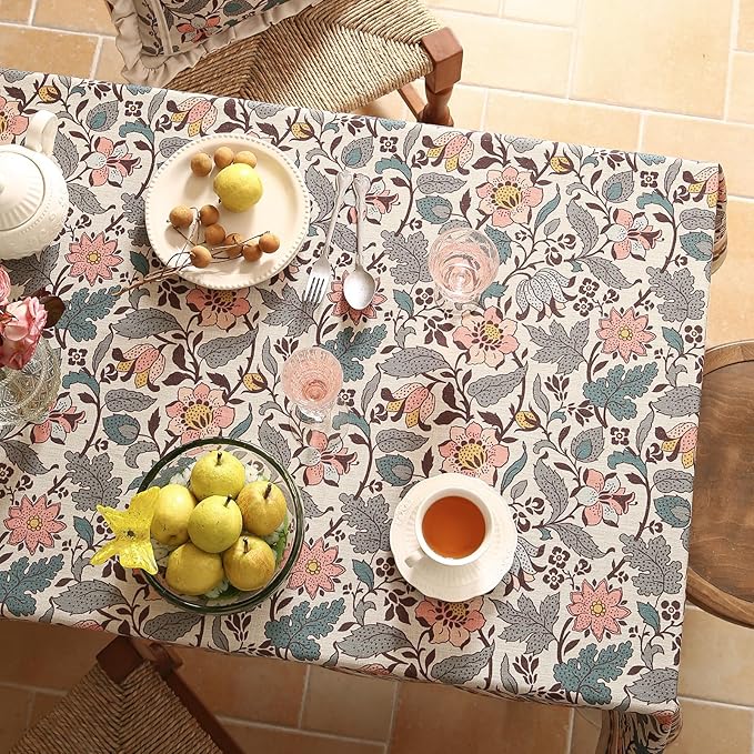 ISAENNE Designer Boho Floral Table Cloth for Rectangle Table,Linen Lotus Flower Pattern Colorful Tablecloth,Durable Decor Tablecloths for Dining Thanksgiving Kitchen Christmas,55"*79"-Hazel A
