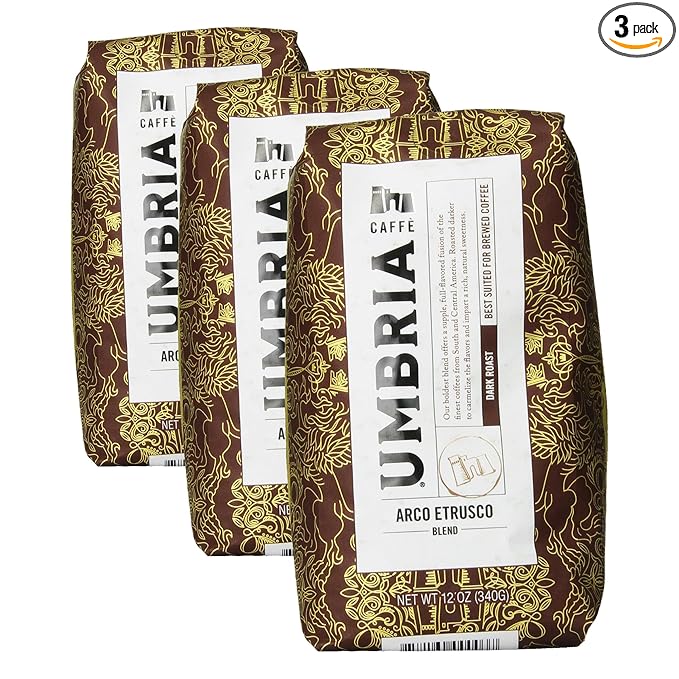 Caffe Umbria Fresh Seattle Whole Bean Roasted Coffee, Arco Etrusco Blend Dark Roast, 12 oz. Bag (Pack of 3)