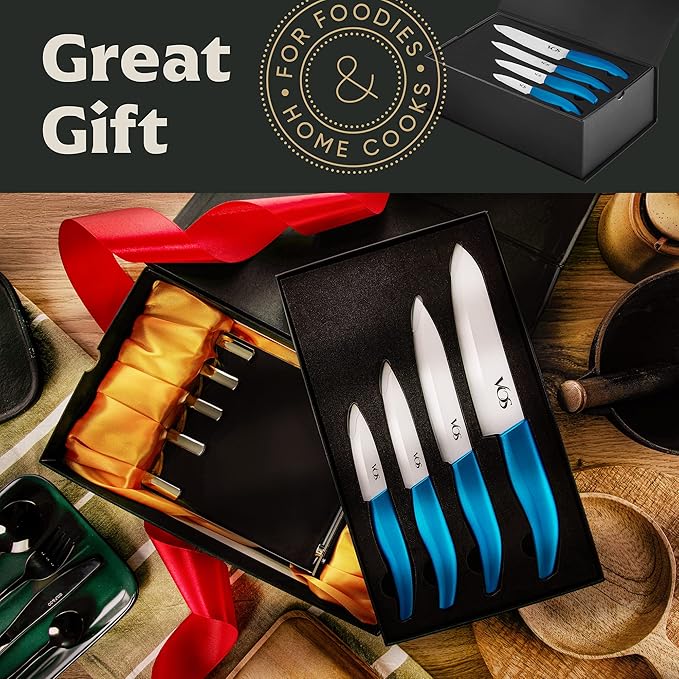 Vos Ceramic Knife Set with Block, Ceramic Knives Set For Kitchen, Ultra Sharp Kitchen Knife Set with Covers, 3" 4" 5" 6" Chef Knife, Utility, Paring & Versatile, Lightweight, Dishwasher safe (Blue)