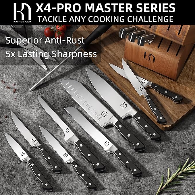 Knife Set, 15 Pcs Kitchen Knife Block Set, Enduring Razor-Sharp Japanese High Carbon Stainless Steel Chef Knife Set with Block and Sharpener, Premium Knives Set for Kitchen, Black Acacia