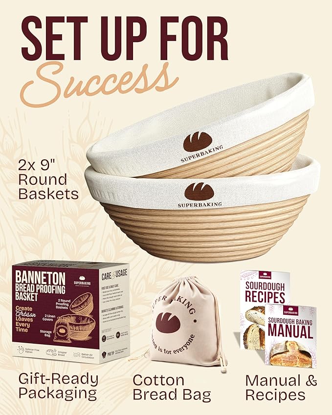 Superbaking Banneton Bread Proofing Basket Set of 2, 9" Splinter-Free Round Rattan Bread Basket with Liners, Sourdough Starter Kit, Sourdough Bread Baking Supplies & Sourdough Kit, Bread Making Tools