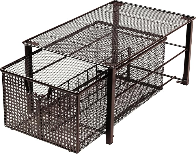 Deco Brothers Stackable Pull Out Cabinet Sliding Basket with Dividers, Large, Bronze