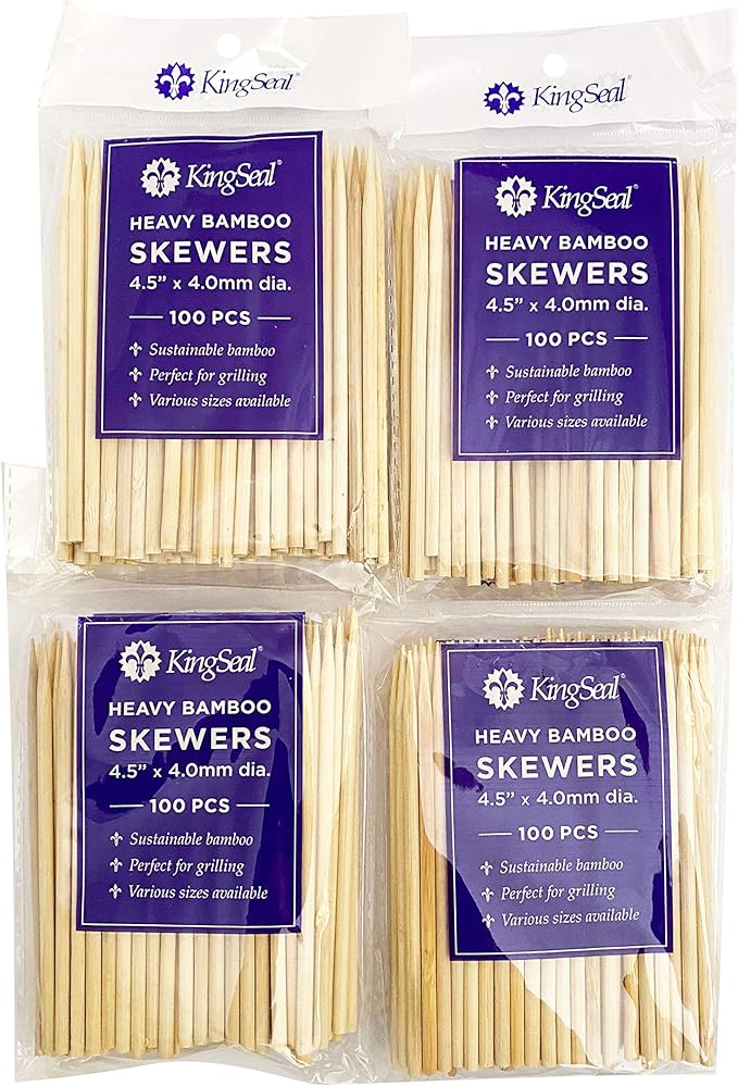 KingSeal Renewable Bamboo Heavy Duty Skewers, Sticks, 4.5 Inches x 3.8 mm diameter - 4 Bags of 100 Skewers (400 Count)