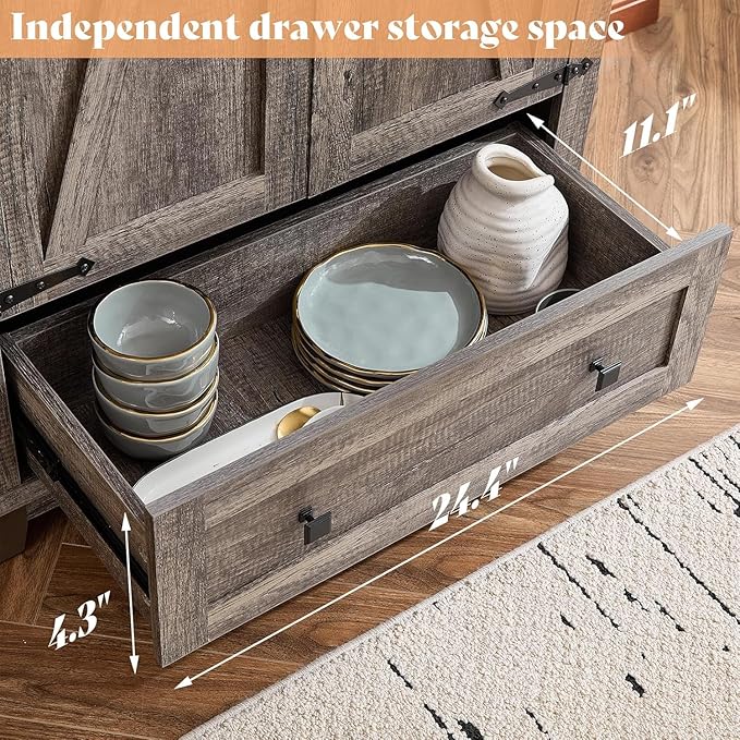AMERLIFE 2 Pcs Farmhouse Kitchen Pantry Cabinet, 72" Tall Storage Cabinet with Adjustable Shelves & Barn Doors & Drawer, Freestanding Kitchen Cupboard for Dining Room, Living Room, Rustic Grey
