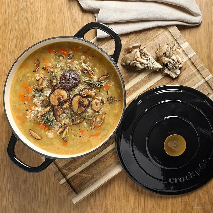 Crock Pot Artisan 7-Quart Round Cast Iron Dutch Oven with Lid – Black Enamel Finish, Gold Knob, Durable Heavy-Duty Cookware for Slow Cooking, Baking, and Roasting