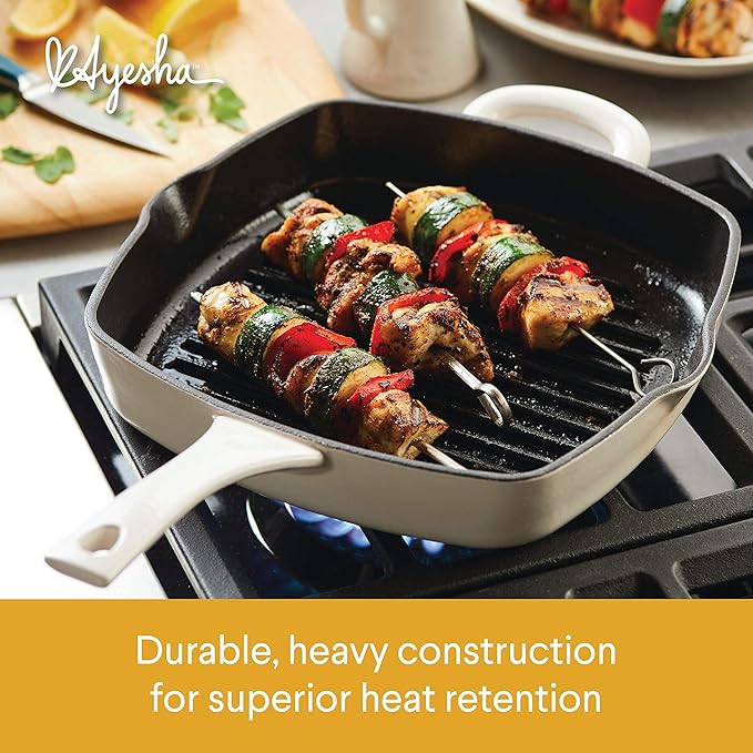 Ayesha Curry Collection Cast Iron Square Grill Pan with Pour Spouts, 10-Inch, French Vanilla