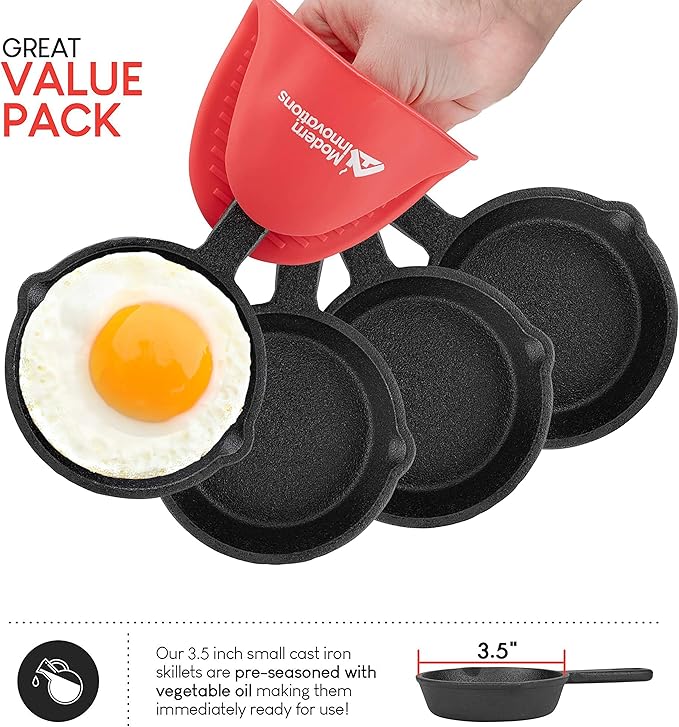 Modern Innovations Mini Black Cast Iron Skillet Set with Silicone Mitt (48 Count) - 3.5 Inch Pans, Pre Seasoned Small Skillets for Baked Cookie/Brownie or Cooked Eggs