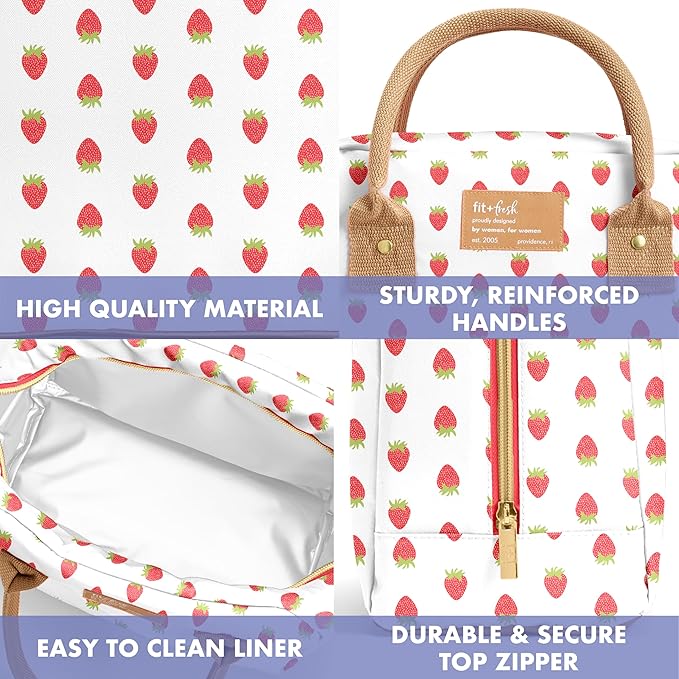 Fit & Fresh Bloomington Lunch Bag for Women - Insulated Large Lunch Box for Work with Containers, Leak-Resistant, Stain-Resistant, Zipper Closure, Strawberry