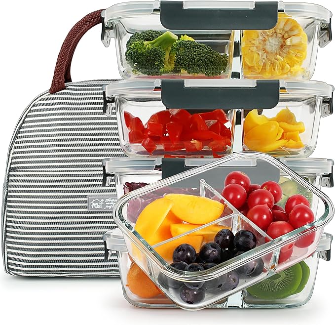 DAS TRUST 5 Pack 36oz Bento Box Glass Meal Prep Container 3 Compartment Glass Food Storage Containers with Lids Meal Prep Bowls Lunch Box Lunch Container for Oven