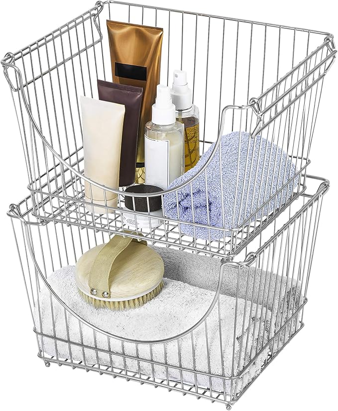 Smart Design Stacking Baskets with Handles - Set of 6 Large - Steel Metal Wire - Fruit Produce Vegetable Safe Storage Bin Organizer Pantry Counter Stand Rack - 12.5 x 8.5 Inch - Chrome
