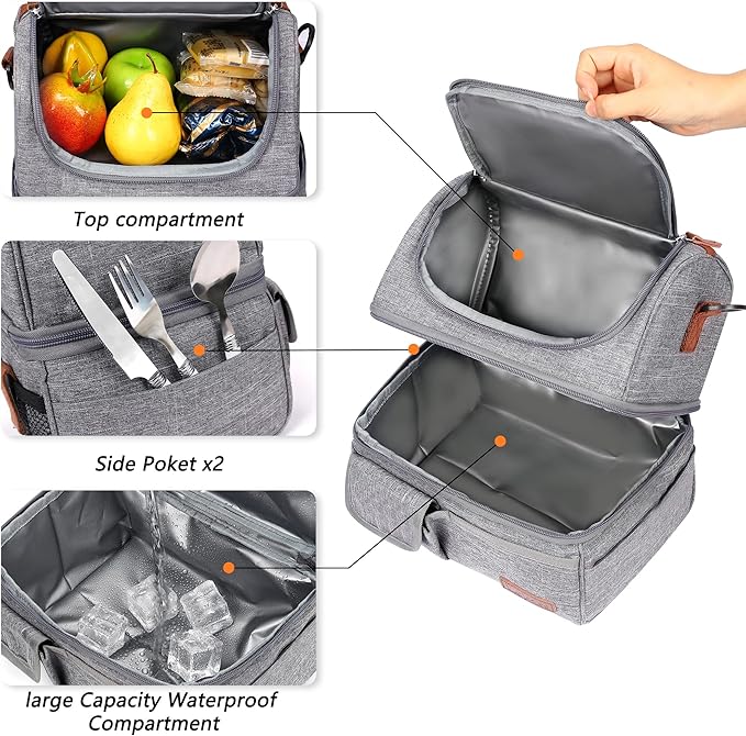 LOKASS Lunch Box for Women-Double Deck Insulated Adults Lunch Bag with Removable Shoulder Strap- Cute Wide Open Lunch Tote for Work/Office/Picnic/Beach/Travel (Gray)