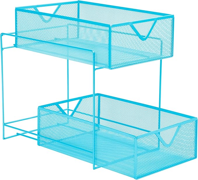 Mind Reader Accessory Organizer, Supply Storage, Makeup, Crafts, Office, Kitchen, Metal Mesh, 8.25"L x 12.5"W x 12.5"H, Blue