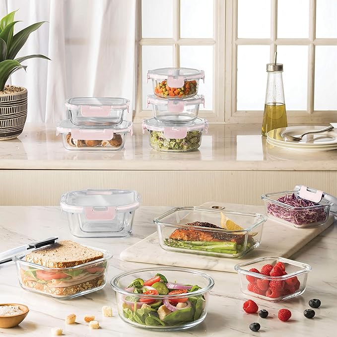 FineDine 24 Piece Glass Storage Containers with Lids - Leak Proof, Dishwasher Safe Glass Food Storage Containers for Meal Prep or Leftovers, Pink