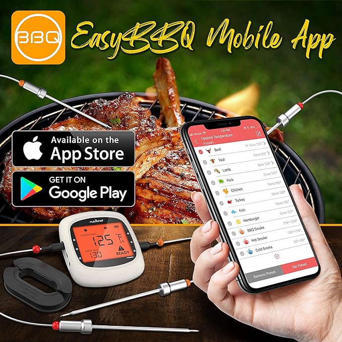Nutrichef Bluetooth Meat Thermometer for Grilling and Smoking with 6 Wireless Meat Probes, 6 Channels with LCD Display