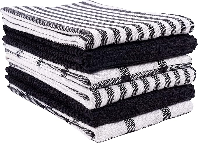 KAF Home Premium Kitchen Towels (18" x 28"), Large 100% Cotton, Flat & Terry Absorbent Dish Towel Set (Black, 18 x 28-6 Pack)