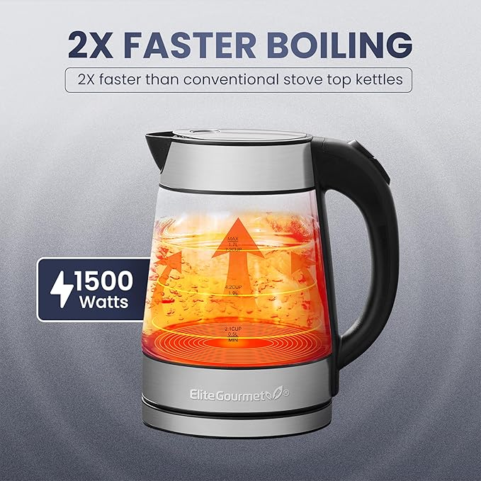 Elite Gourmet EKT-602 Electric BPA-Free Glass Kettle, Cordless 360° Base, Stylish Blue LED Interior, Handy Auto Shut-Off Function – Quickly Boil Water For Tea & More