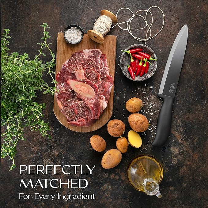 Vos Ceramic Knife Set With Block - 13-Piece Ceramic Knives Set For Kitchen, Includes Chef, Santoku, Bread Knives, Steak Knives, Peeler & Elegant Wooden Block - Ultra-Sharp, Dishwasher safe,Lightweight