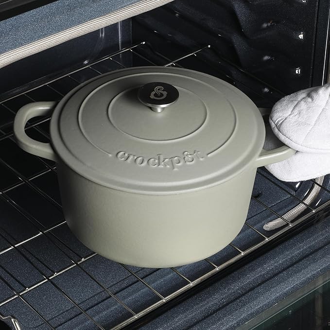 Crock-Pot Artisan 5-Quart Round Cast Iron Dutch Oven with Lid – Matte Green, Durable Oven Safe Cookware