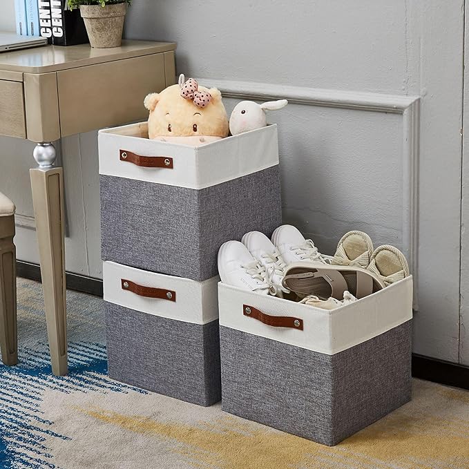 DECOMOMO Fabric Cube Storage Bins - Storage Baskets for Shelves, Cube Storage Organizer for Kallax and Cubbies (Grey & White, 12 inch Cube) - 4 Pack
