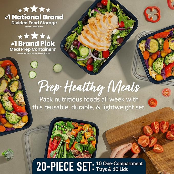 Bentgo Prep - 20-Piece 1-Compartment Reusable Meal Prep Containers with Lids, PFAS & BPA Free Materials, Durable, Microwave, Freezer, & Dishwasher Safe To Go Food Storage (Navy Blue)