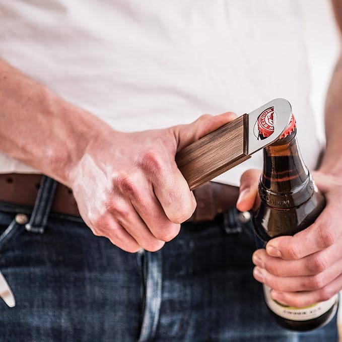 Dropcatch Handheld Bar Blade Bottle Opener | Flat Beer Cap Bottle Opener | Durable Bartender or Home Tool | Heavy Duty Stainless Steel & Walnut Finish | Standard 7” x 1.5”