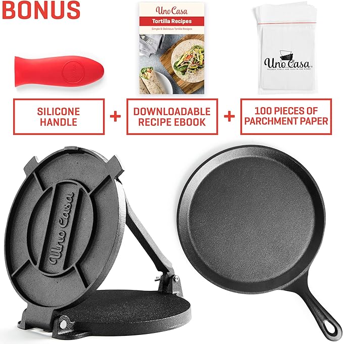 Uno Casa Cast Iron Tortilla Press 8 Inch - Bundle of Skillet for Roti / Comal Pan, Tawa / Dosa Pan Pataconera, Comales para Tortillas